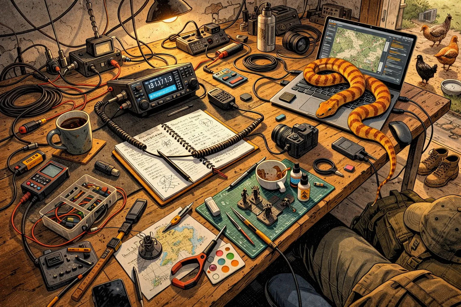 A crowded workbench with radio gear, notes, painting tools, a snake, and chickens outside.