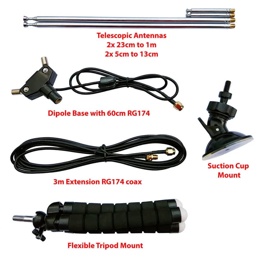 The telescopic elements, dipole base, coax extension, suction mount and flexible tripod supplied with the RTL-SDR Blog dipole kit.