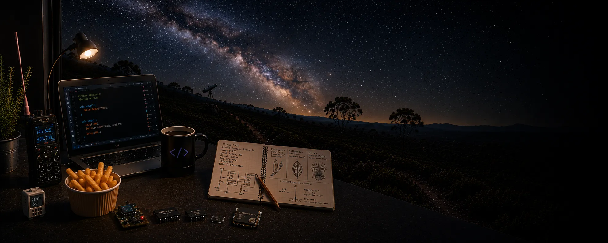A radio, code-covered laptop, coffee, electronics and field notebook beneath the Milky Way