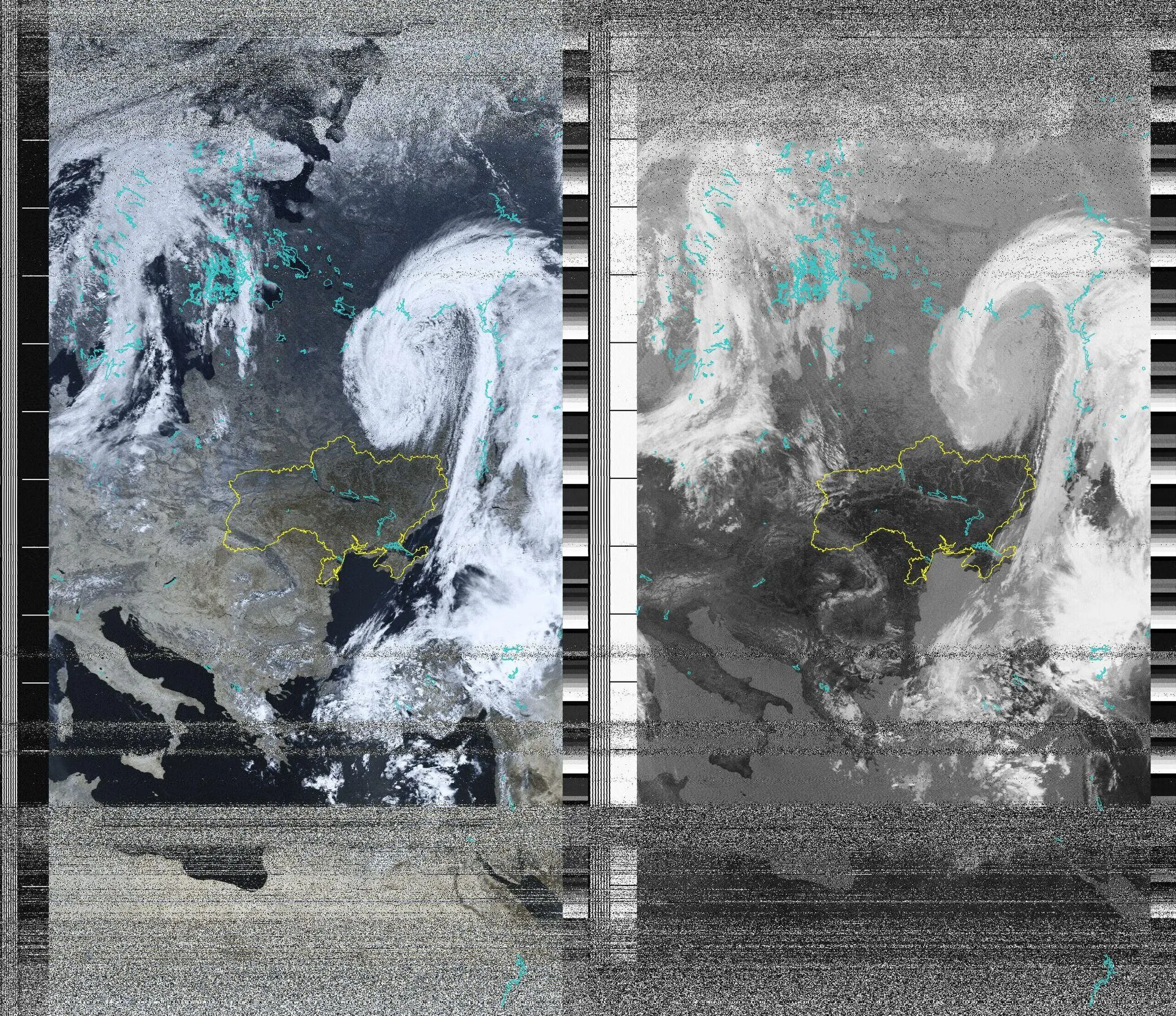 A weather-satellite image received from NOAA-19 using Automatic Picture Transmission in May 2025.