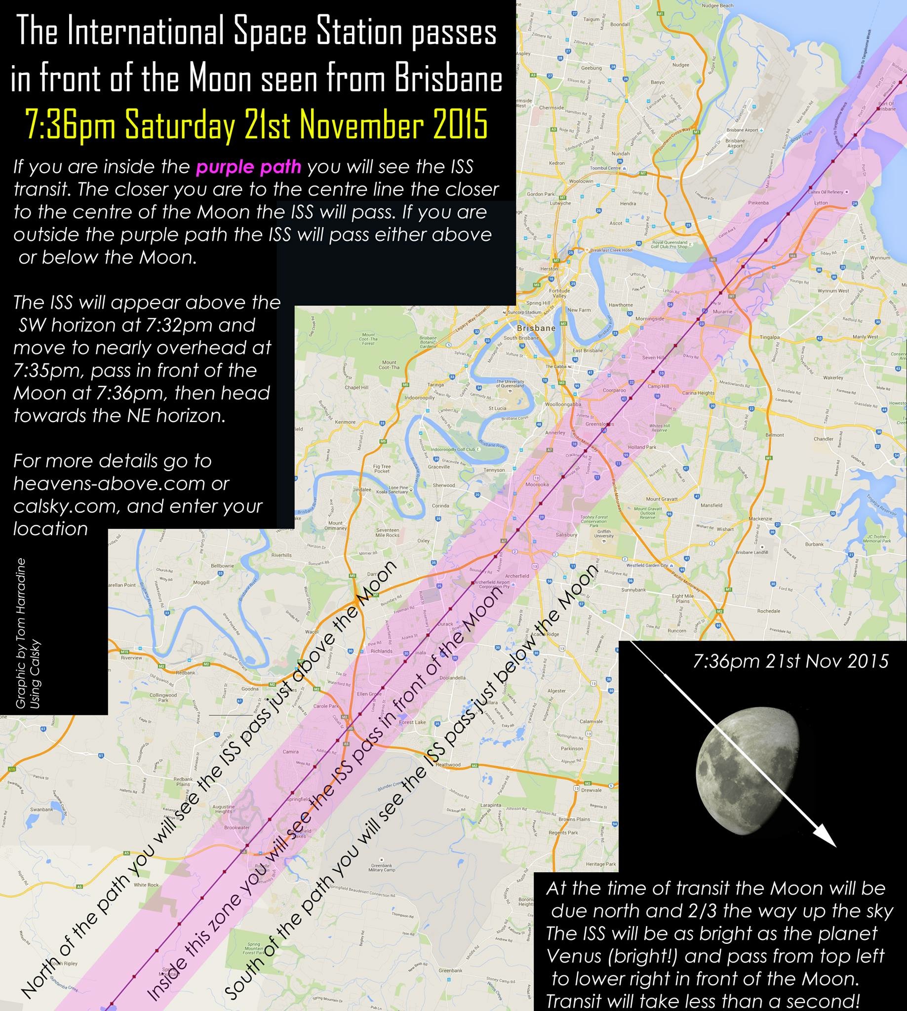 Prediction map showing the ISS transit path over Brisbane for 21 November 2015.