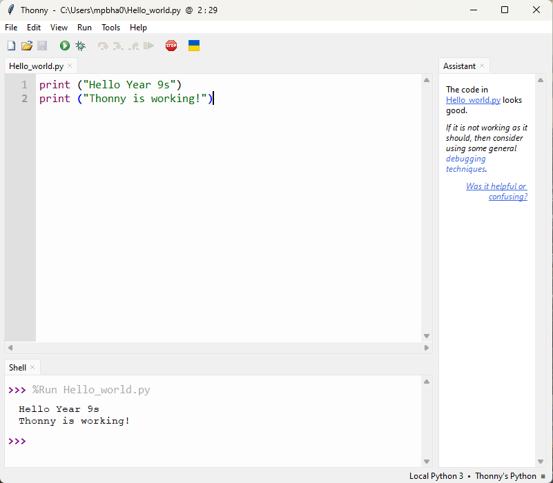 Thonny showing test code and output in shell.