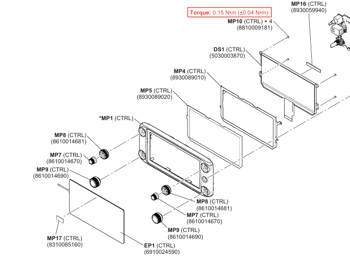 Service manual exploded view showing the ID-5100A front panel stack, touch screen EP1 and LCD DS1.