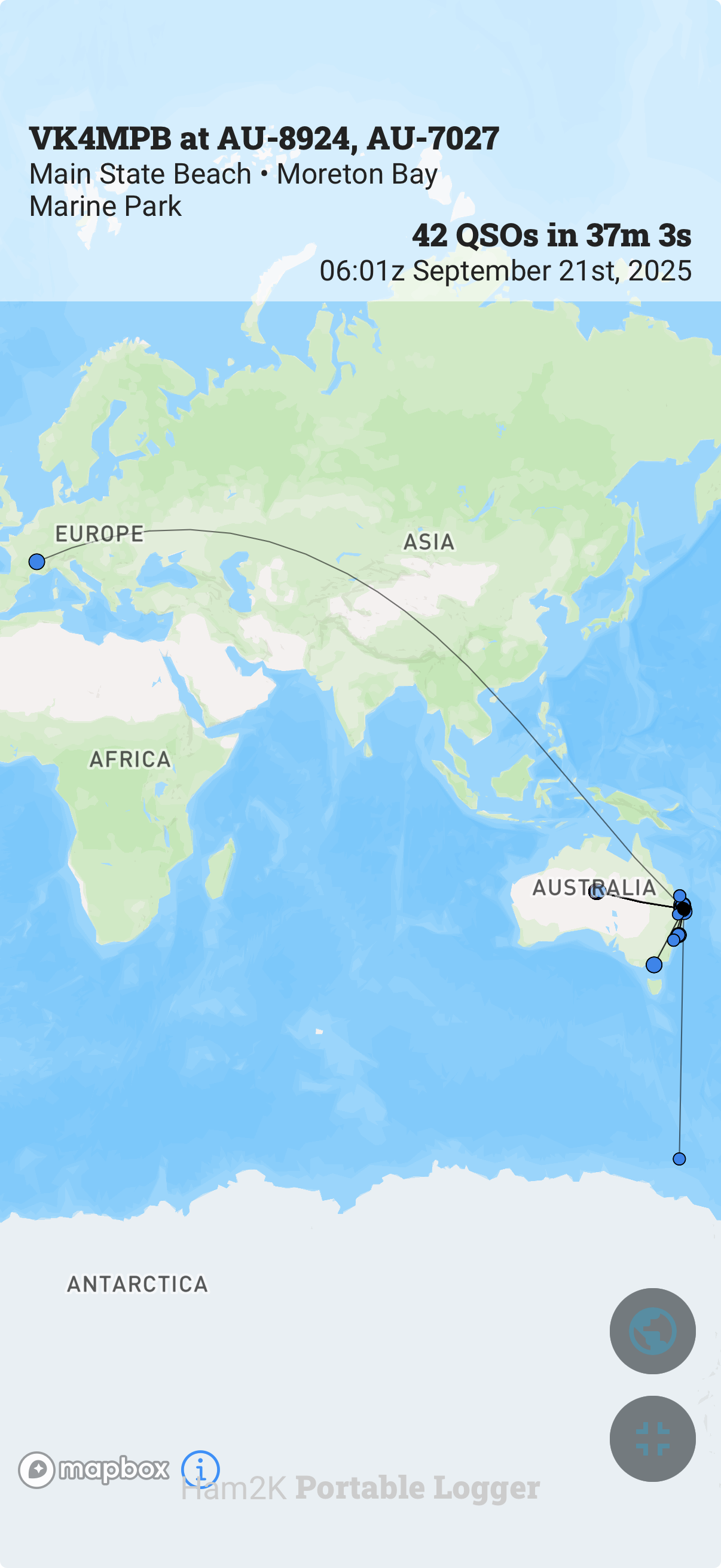 Ham2K map showing QSO distribution including Europe path