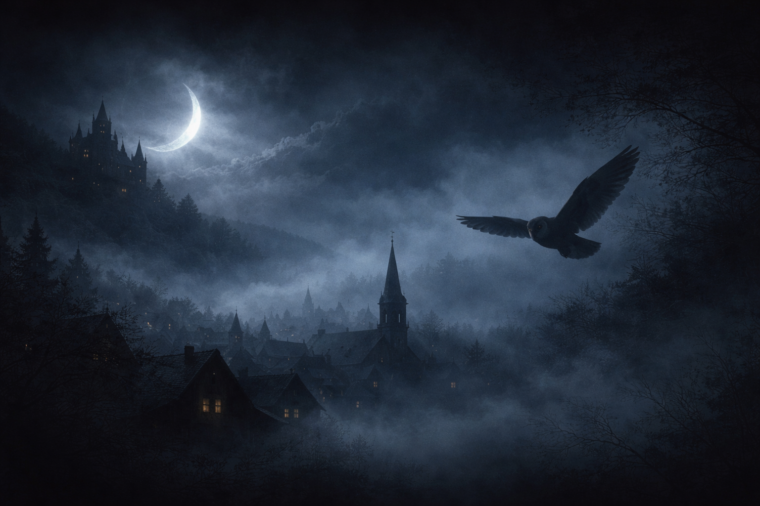 Night banner scene with moonlit skyline and owl silhouette.