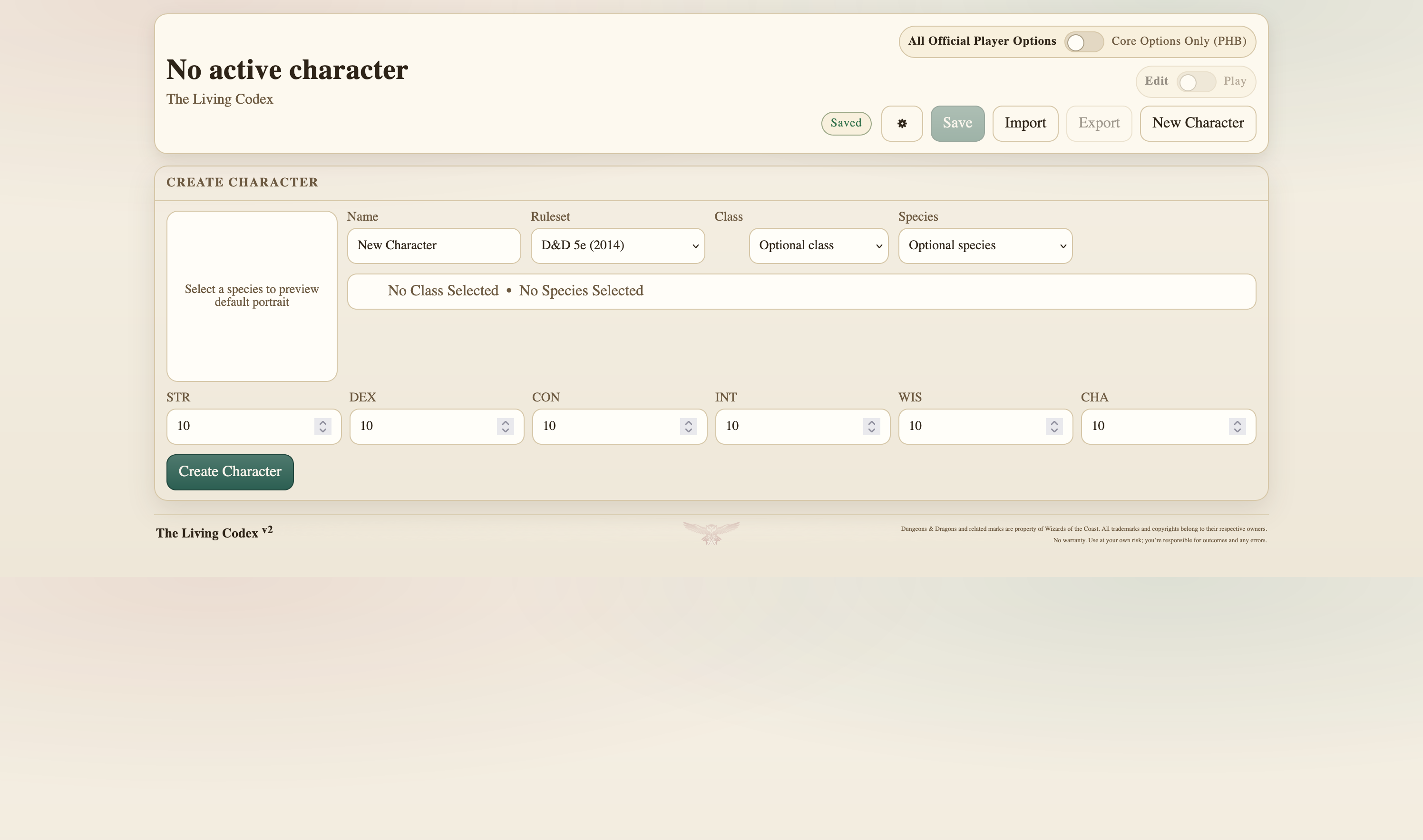 The empty character creation screen