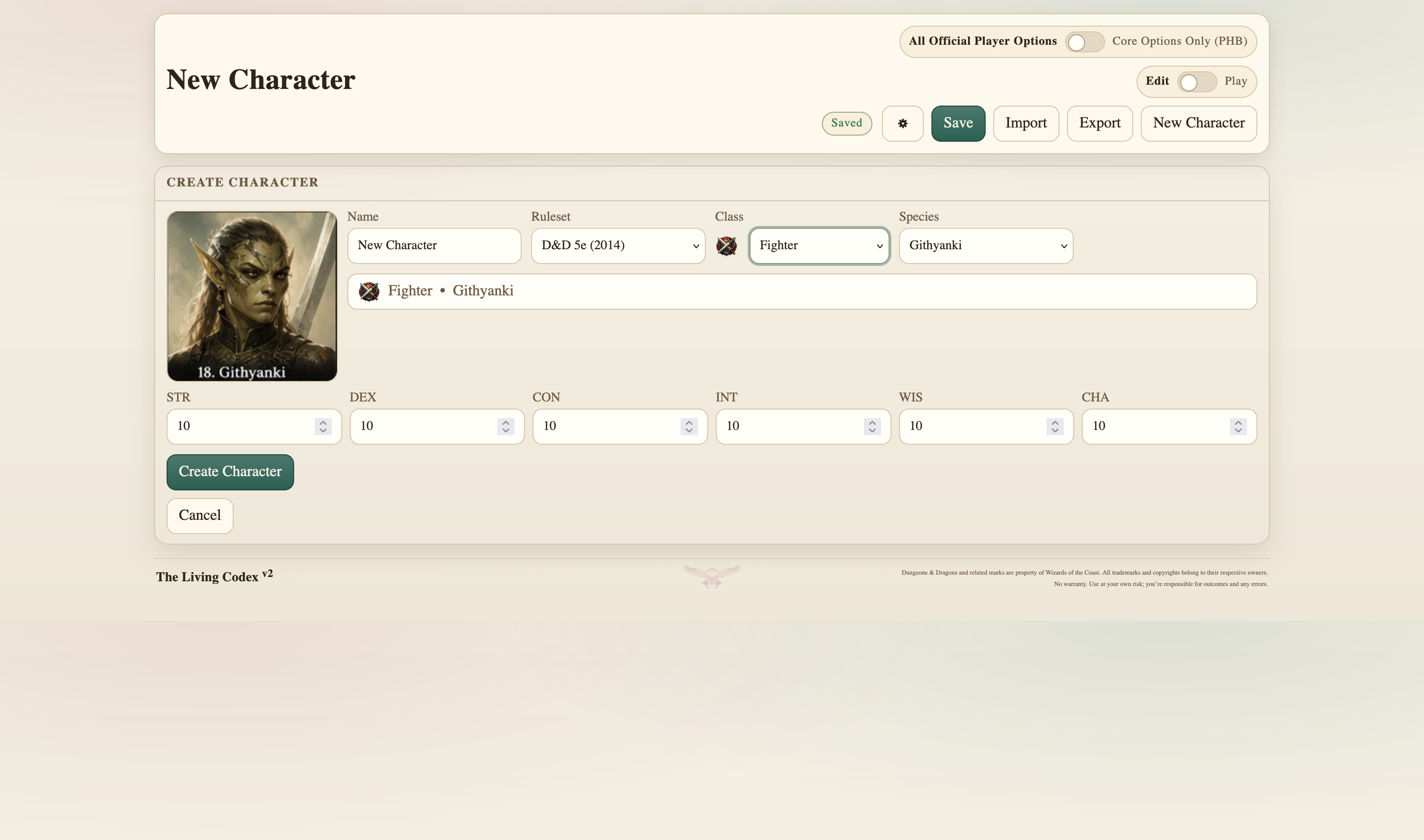 Character creation with species and class populated