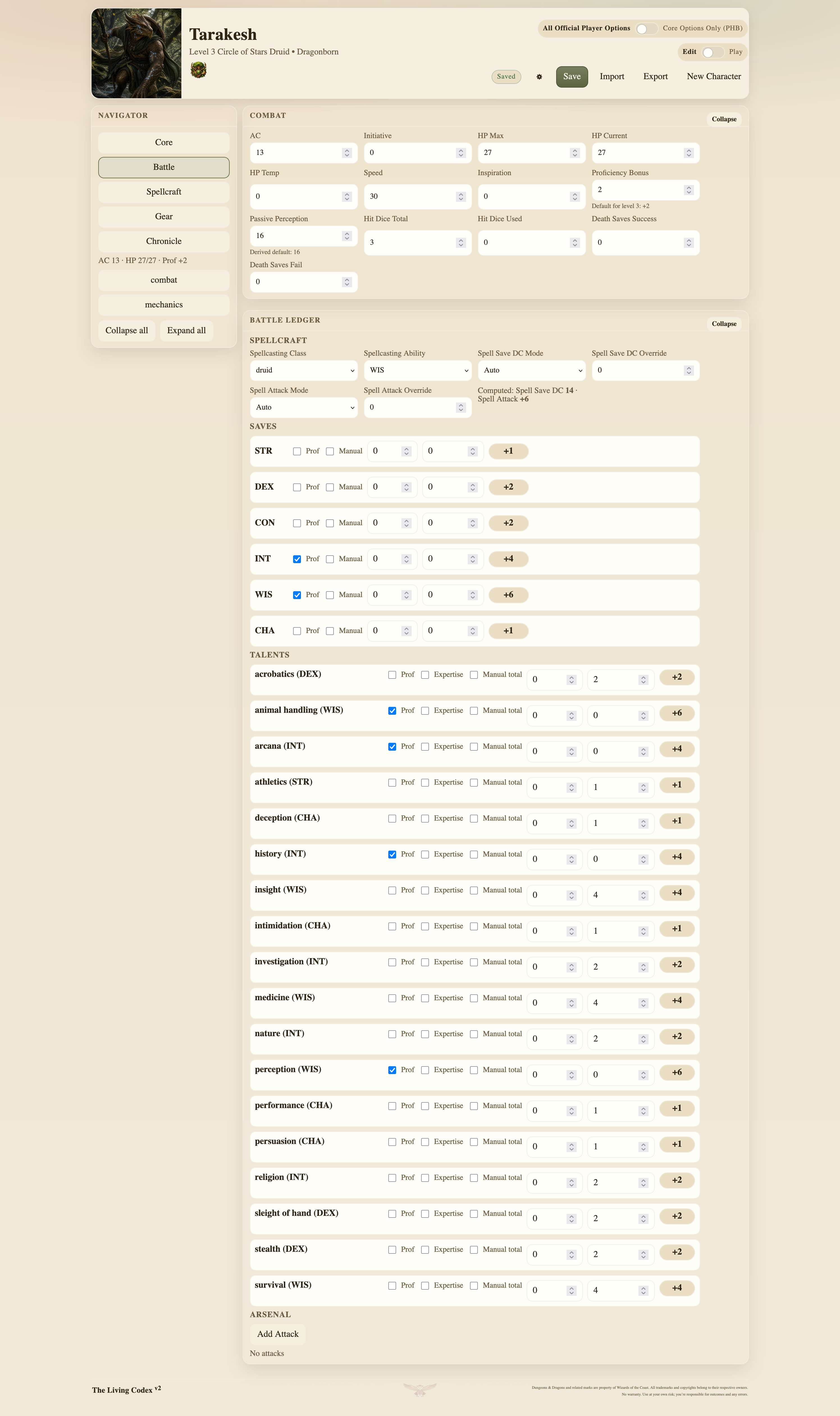 Living Codex combat mechanics editor