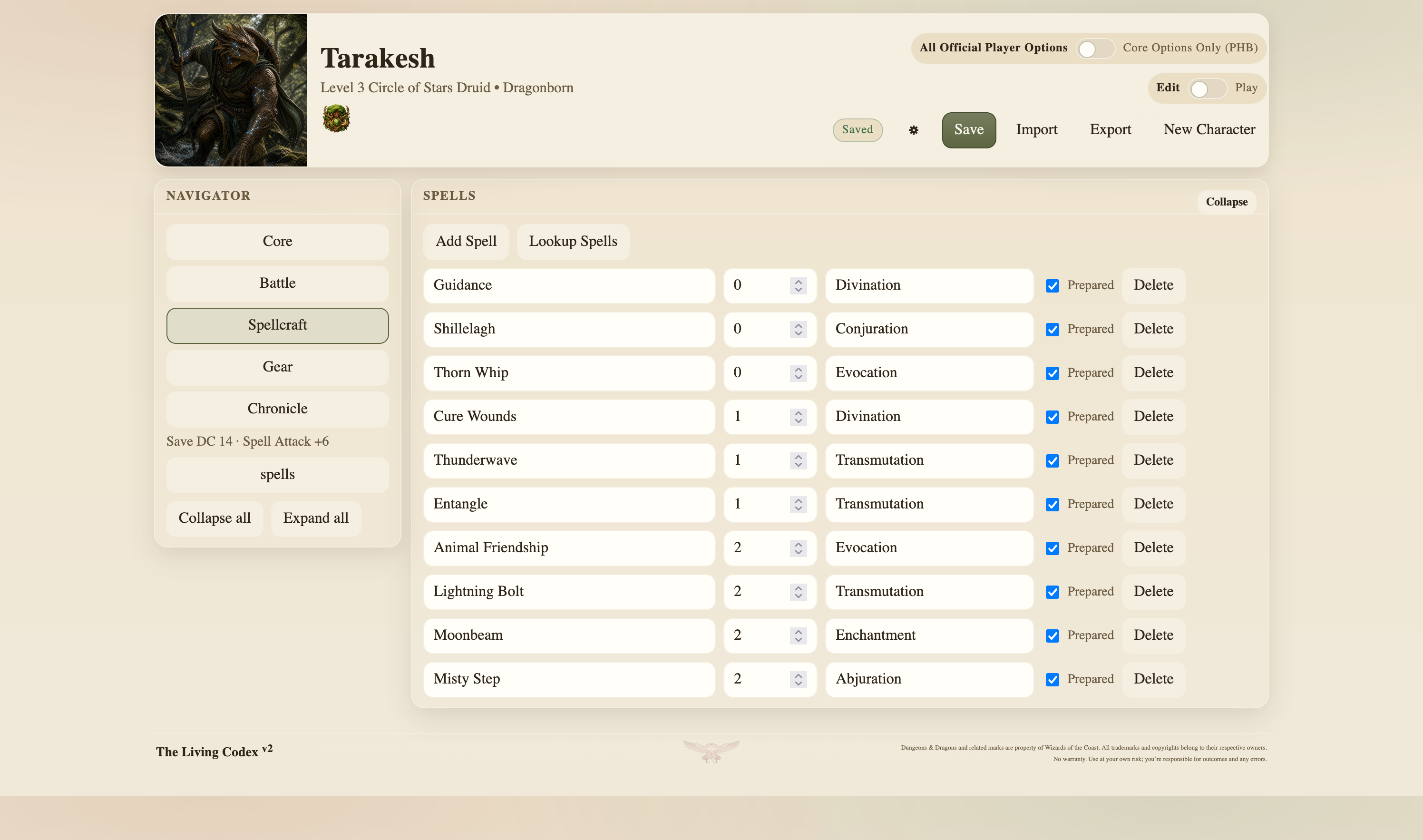 Living Codex Edit Mode spellcraft screen